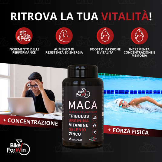 Bikeforwin Maca Peruviana Nera Extra Forte + Tribulus Terrestris, Integratore Uomo, 120 Capsule, Vitalità e Energia, Alto Dosaggio, Made in Italy