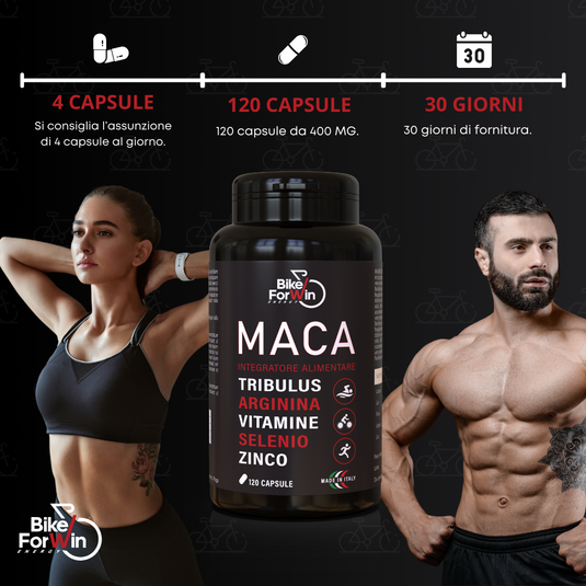 Bikeforwin Maca Peruviana Nera Extra Forte + Tribulus Terrestris, Integratore Uomo, 120 Capsule, Vitalità e Energia, Alto Dosaggio, Made in Italy