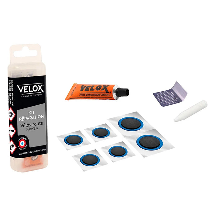 KIT Riparaz.Tubeless Road: 1 Mastice+1 Raschietto+6 Pezze+1 Gessetto