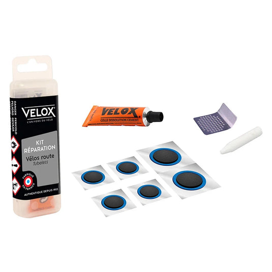 KIT Riparaz.Tubeless Road: 1 Mastice+1 Raschietto+6 Pezze+1 Gessetto